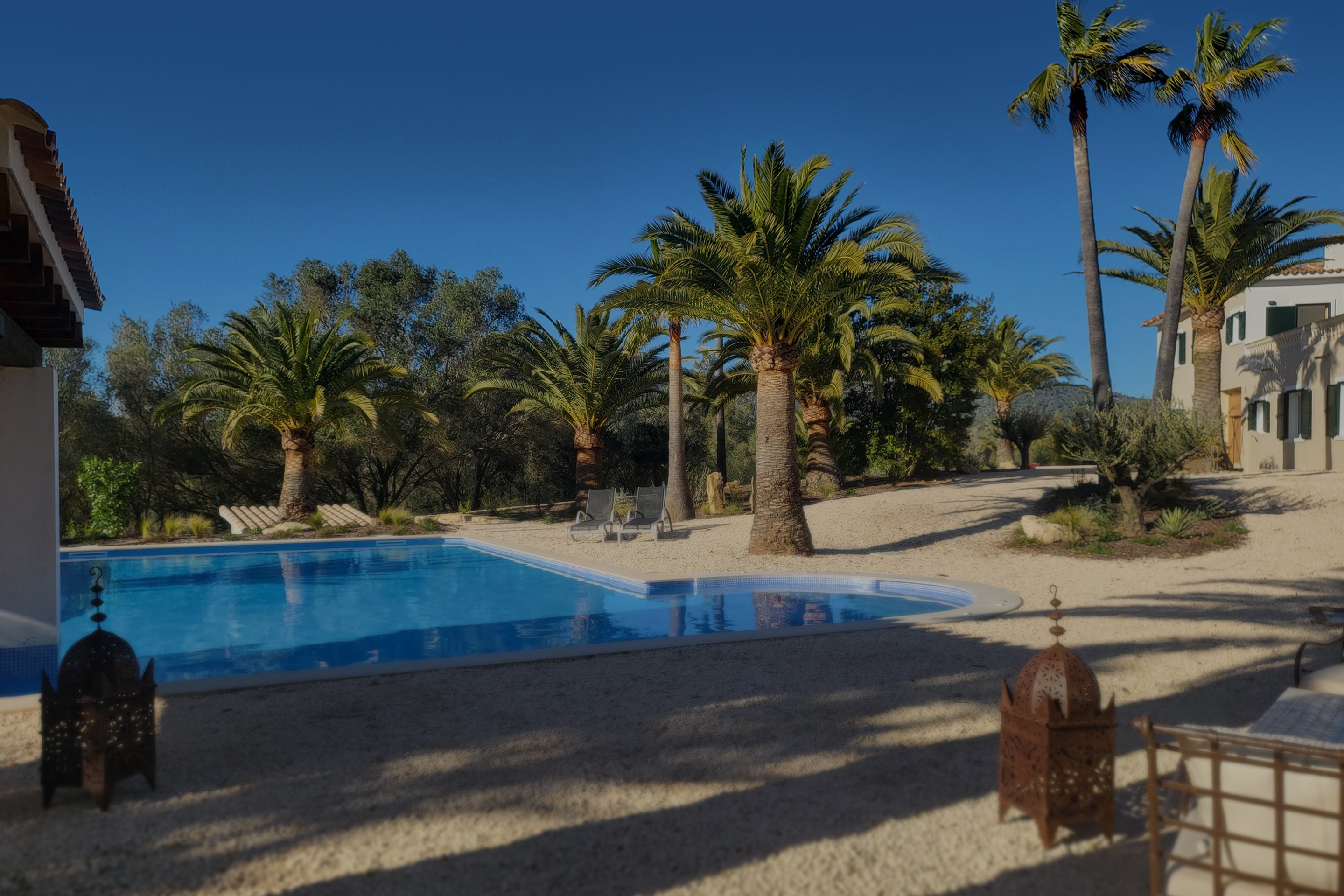 Ein Pool mit Palmen umgibt die Llucmajor Villa in mediterraner Landschaft.